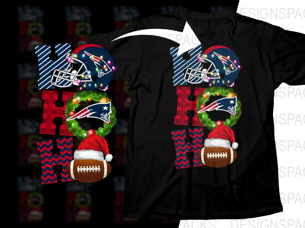 New England Patriots Christmas football design for DTG/DTF printing, featuring helmet, wreath, and Santa hat football