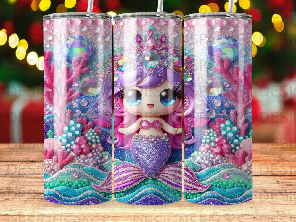 Mermaid wearing a crown and sparkly tail among colorful coral and sea life.