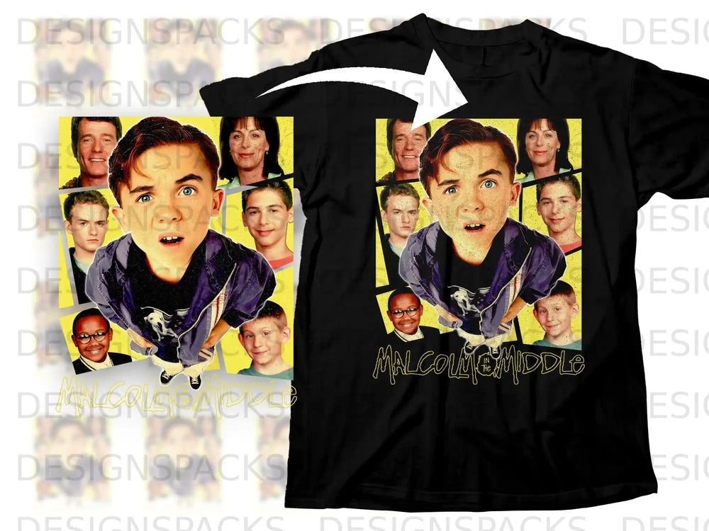 Black t-shirt with "Malcolm in the Middle" graphic showing a boy's face.