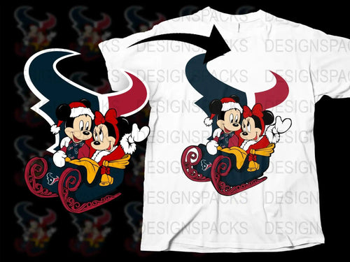 Mickey and Minnie in Santa hats on a sleigh with Houston Texans logo, festive t-shirt design
