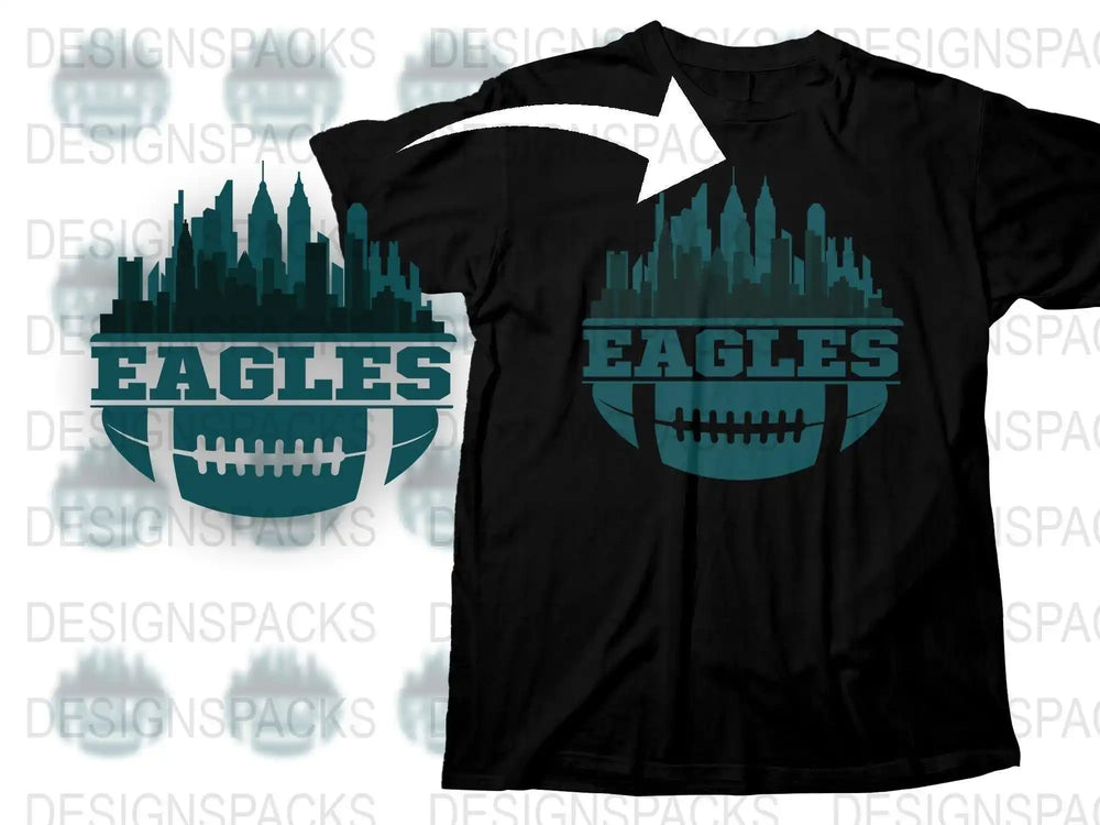Eagles Football Team T-Shirt, Black Sports Fan Tee, Unique City Skyline Graphic, Casual Apparel