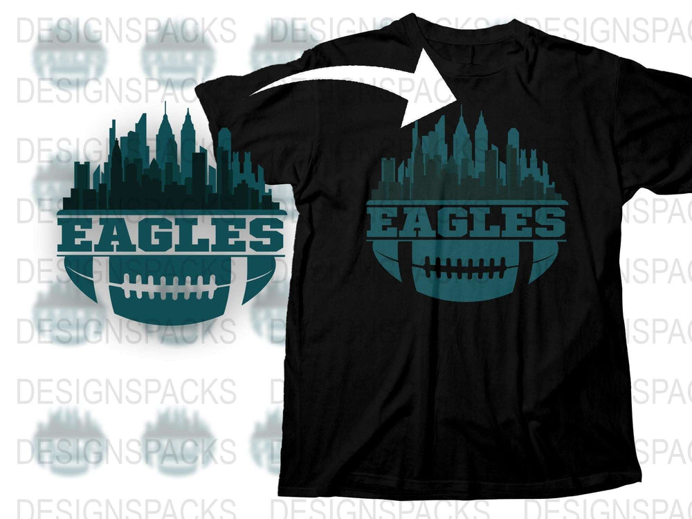 Eagles Football Team T-Shirt, Black Sports Fan Tee, Unique City Skyline Graphic, Casual Apparel