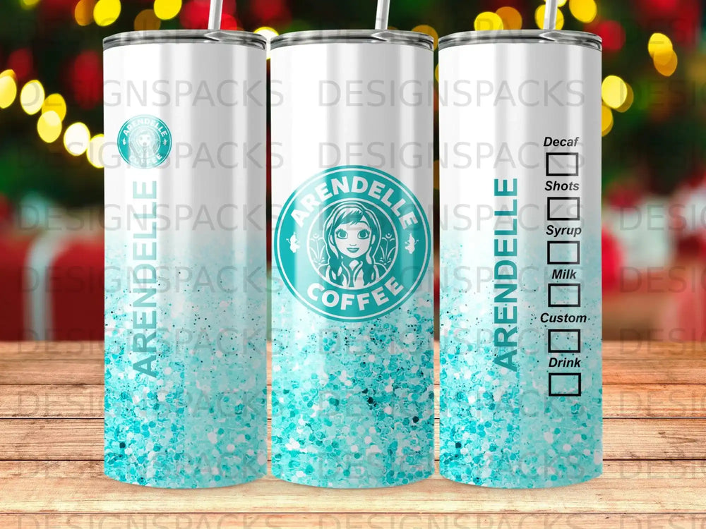 Tumbler with "Arendelle Coffee" logo, glitter, and drink customization options.