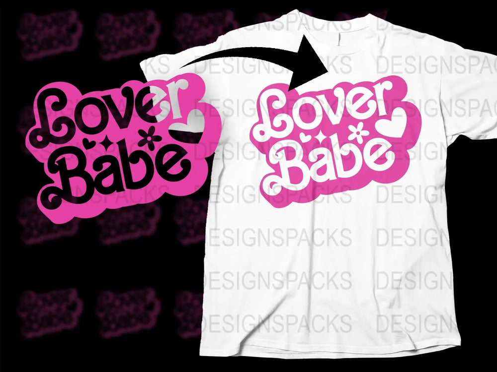 Lover Babe pink design on white t-shirt, print-ready graphic for DTG/DTF