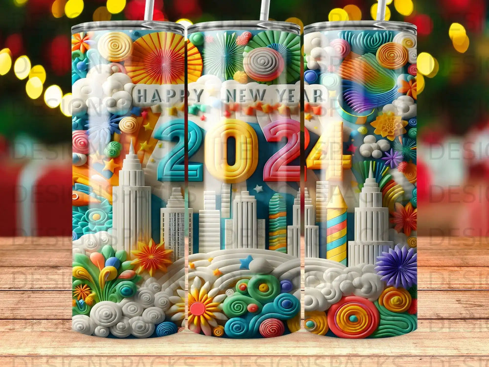 Happy New Year 2024 cityscape with colorful festive decorations.