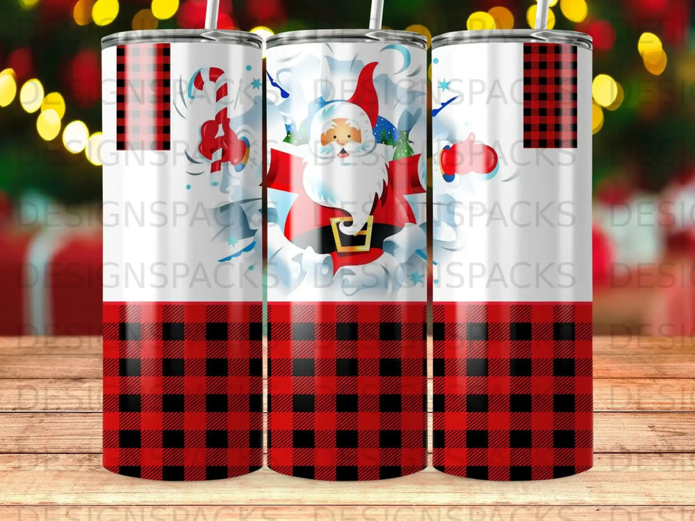 Three tumblers with Santa, snowflakes, and buffalo plaid patterns.