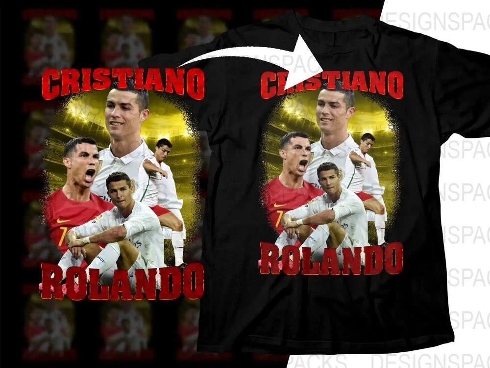 Cristiano Ronaldo soccer t-shirt design with action poses and stadium background