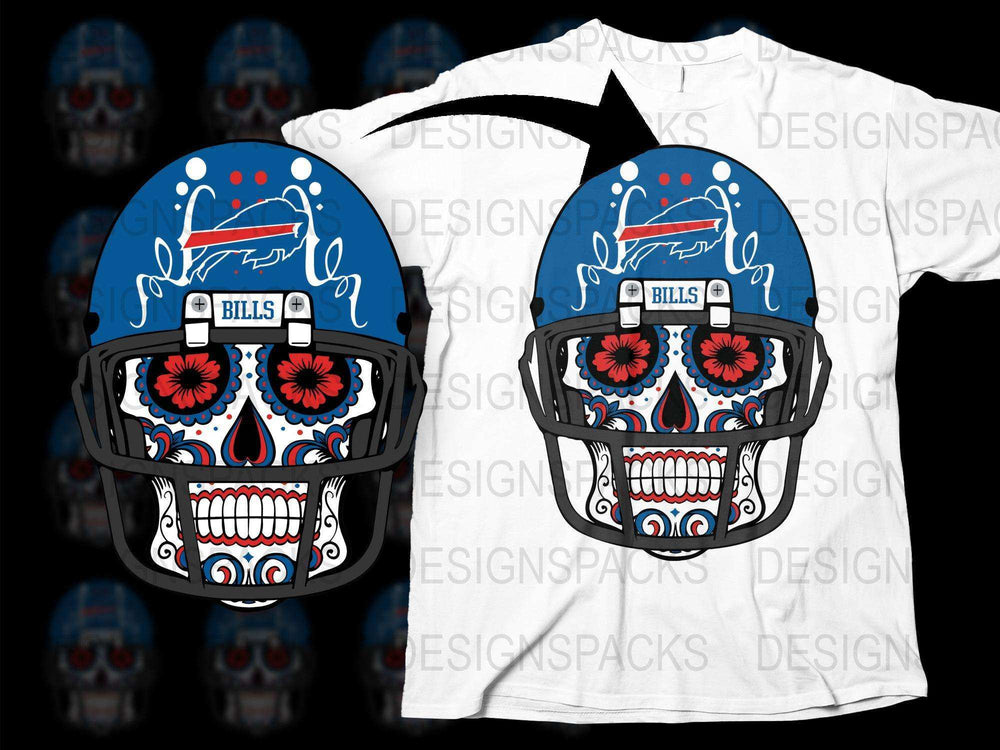 Buffalo Football Sugar Skull Design T-Shirt, Blue Red White Graphic Tee, Sports Fan Apparel