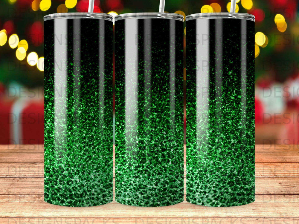 Black tumbler with green glitter gradient pattern.