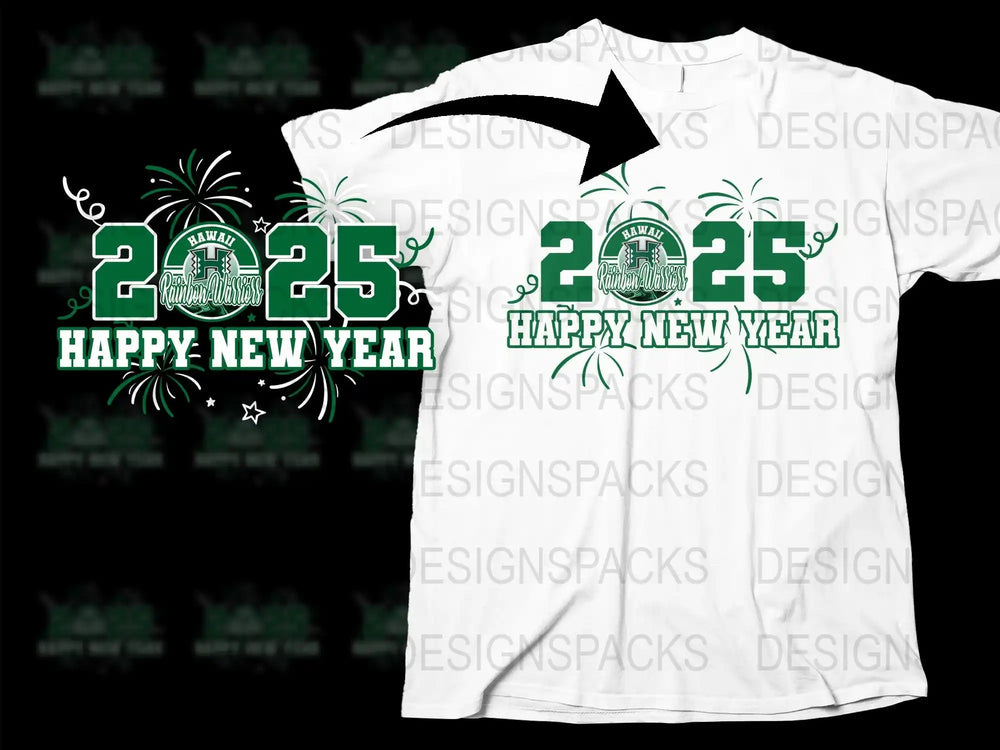 2025 Happy New Year Hawaii Rainbow Warriors t-shirt design with green fireworks