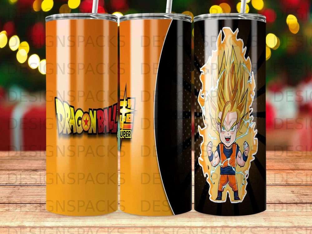 Dragon Ball Z: Super character Goku in an anime illustration on a black tumbler.