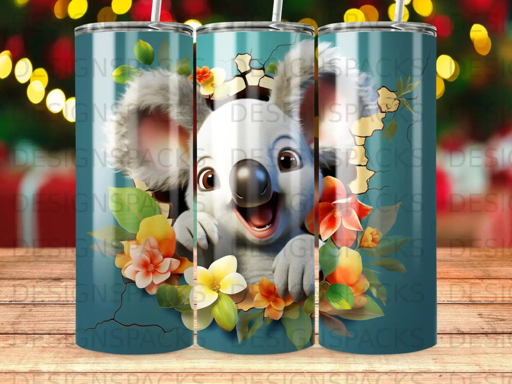 Cute koala peeking through floral branches on a teal tumbler.
