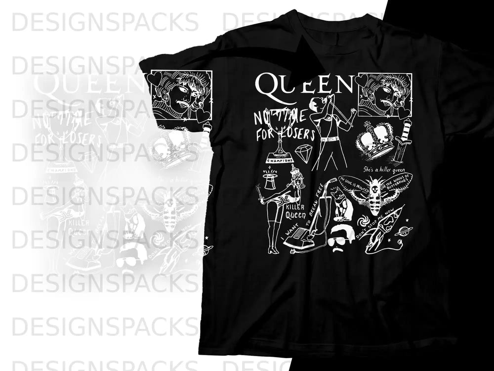 Black t-shirt featuring Queen album art and lyrics, "Killer Queen" and "Don't Stop Me Now."