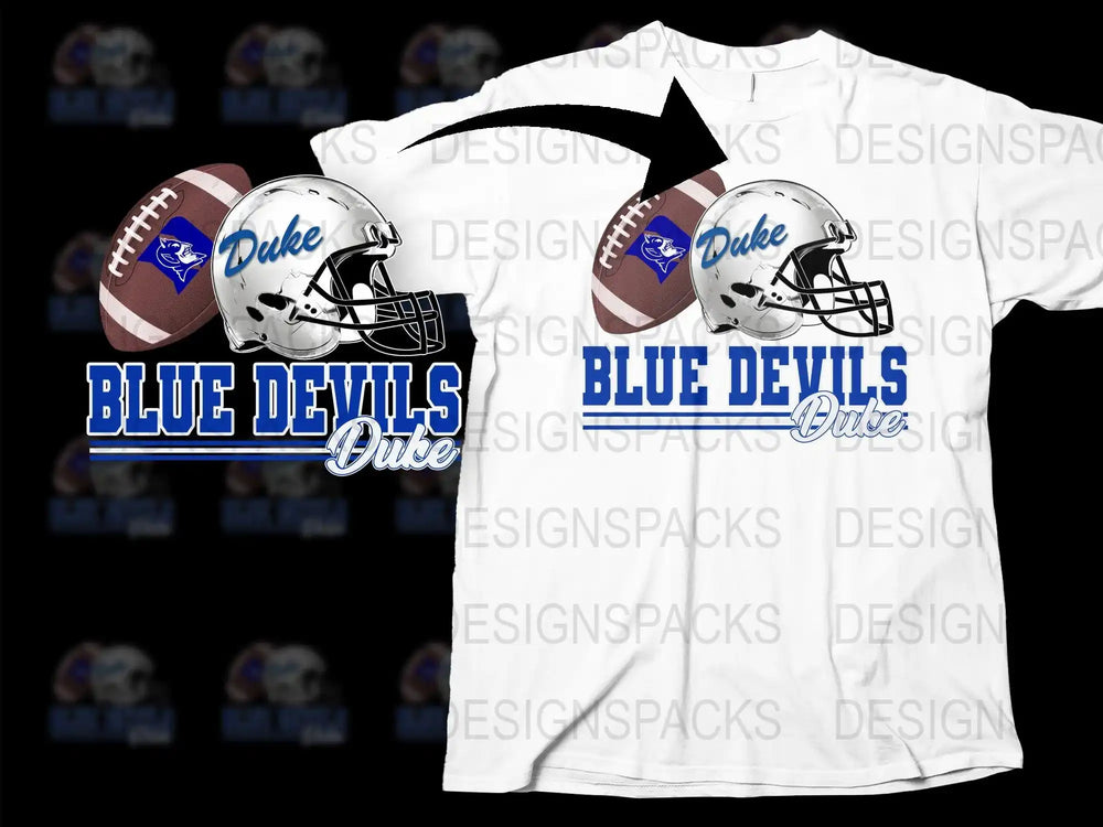 Blue Devils Duke football helmet and ball design on white t-shirt, print-ready graphic
