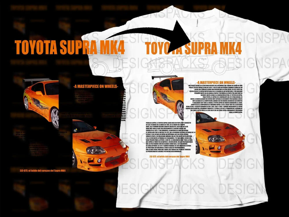 Toyota Supra MK4 t-shirt design with orange car graphics and text details