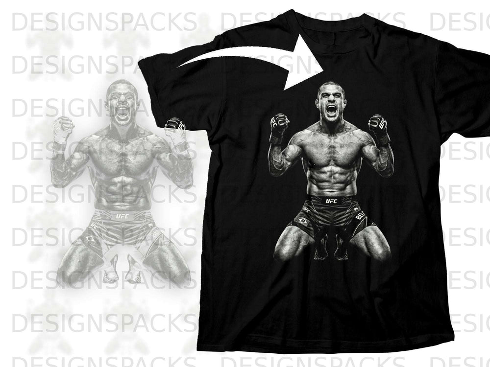 Black t-shirt featuring a graphic of a muscular fighter in UFC shorts and gloves.