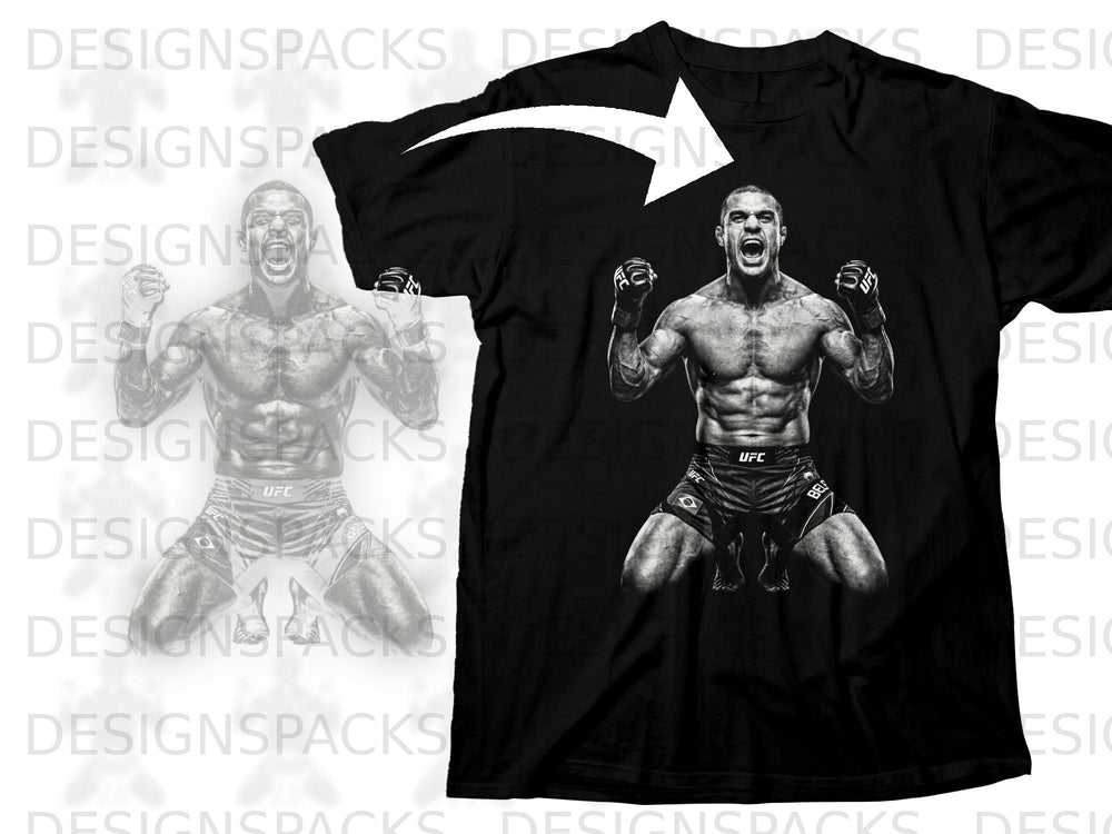 Black t-shirt featuring a graphic of a muscular fighter in UFC shorts and gloves.