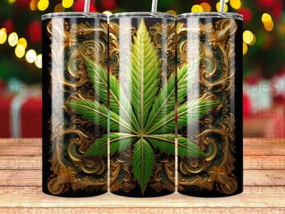 Green cannabis leaf on ornate gold and black patterned tumbler.