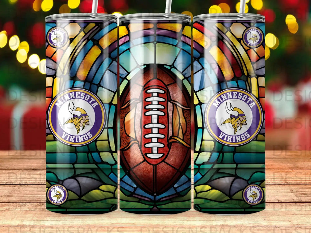 Minnesota Vikings football and stained glass design on tumblers.