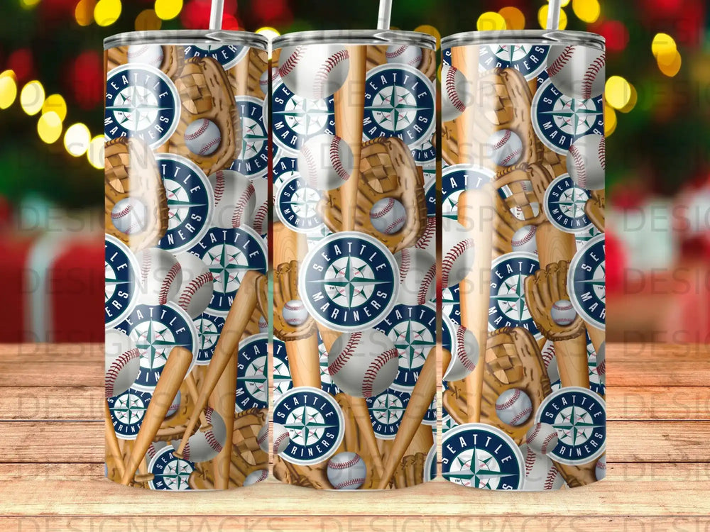 Seattle Mariners baseball themed tumbler with bats, gloves, and balls.