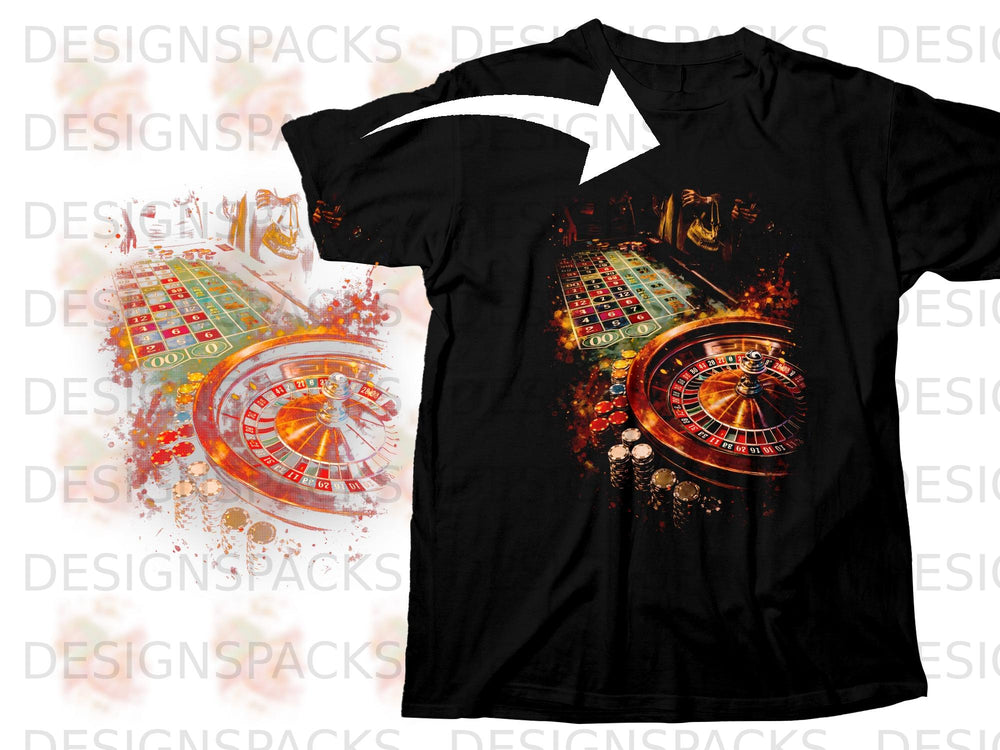 Black t-shirt with roulette wheel, chips, and gambling-themed graphic.
