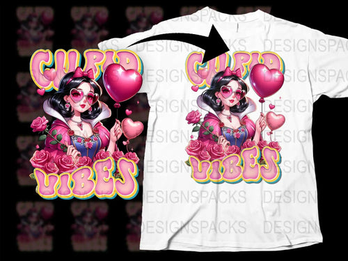 Cupid Vibes t-shirt design with pink roses, heart balloons, and stylish character art