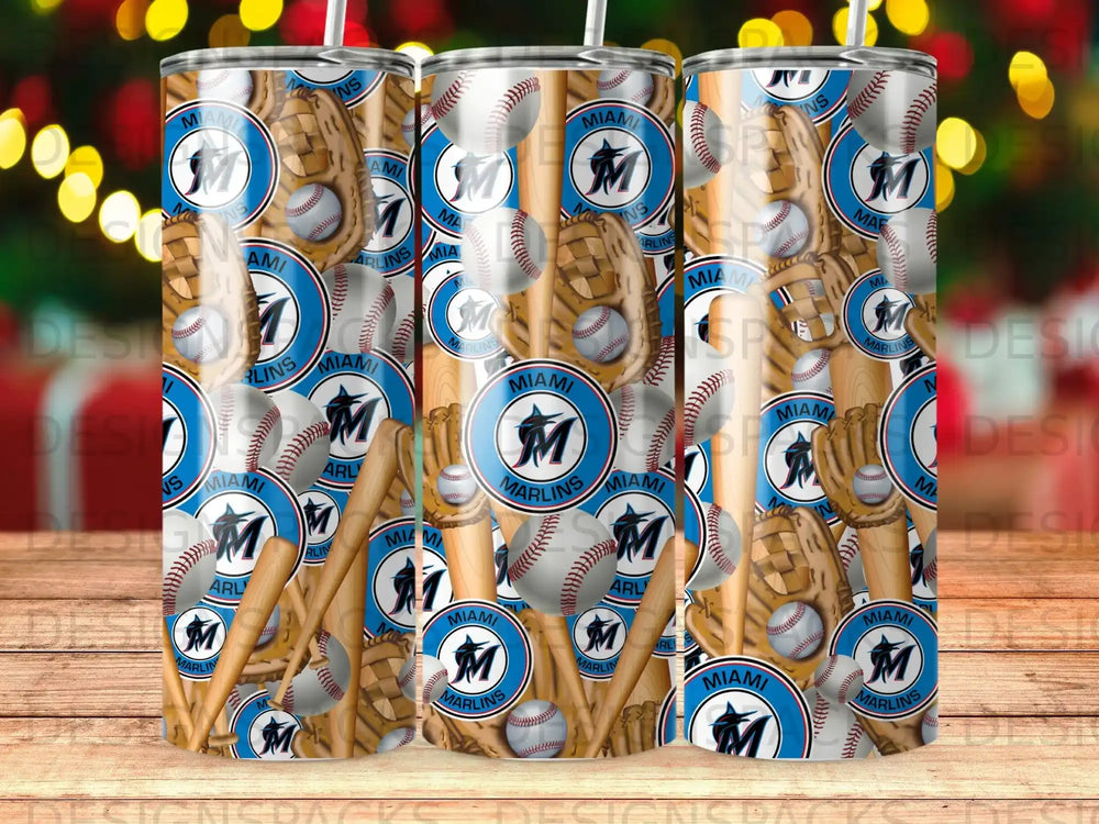 Collage of Miami Marlins baseball bats, gloves, and logo on a tumbler.