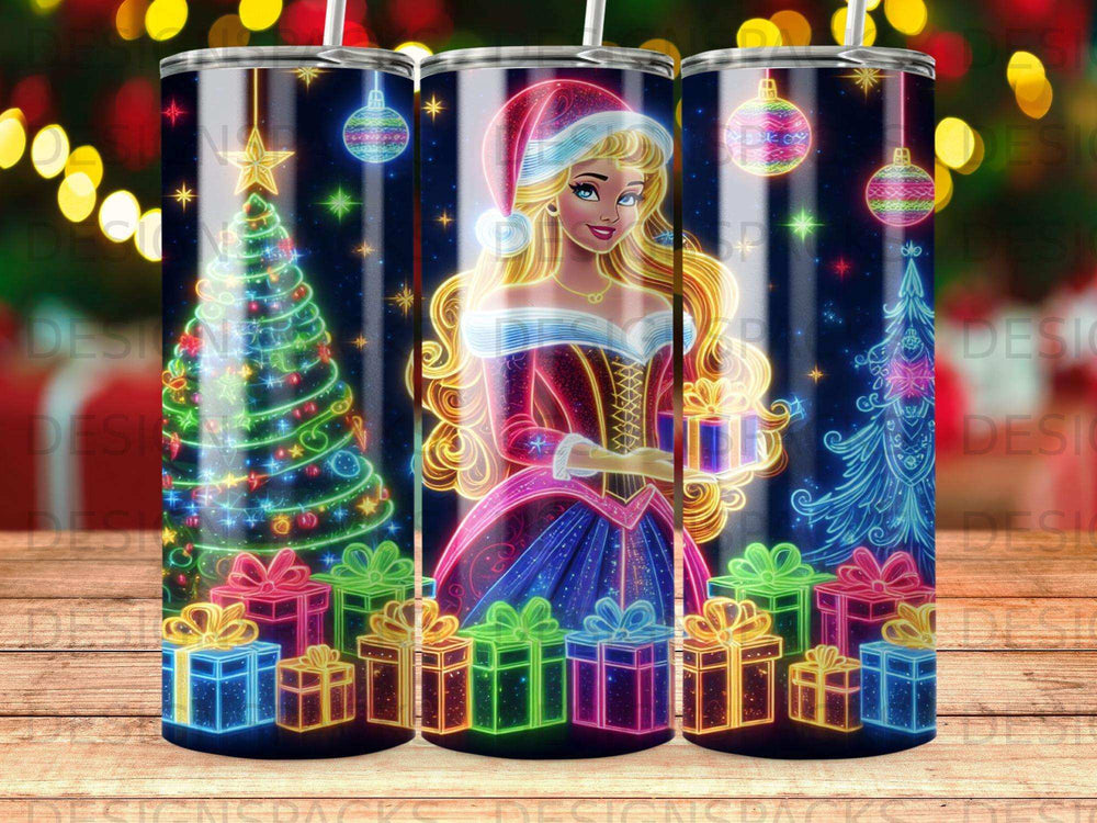 Christmas tumbler with Princess Aurora wearing Santa hat holding gift, surrounded by presents.
