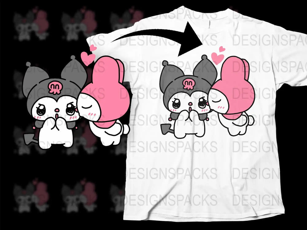 Cute kawaii characters with pink hearts on white t-shirt, print-ready design