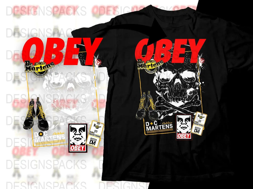 Obey x Dr. Martens skull & boots t-shirt design, print-ready PNG for DTG/DTF, instant download