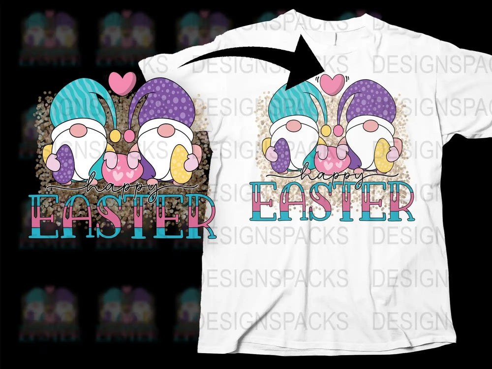 Happy Easter gnome design on white t-shirt with colorful eggs and hearts