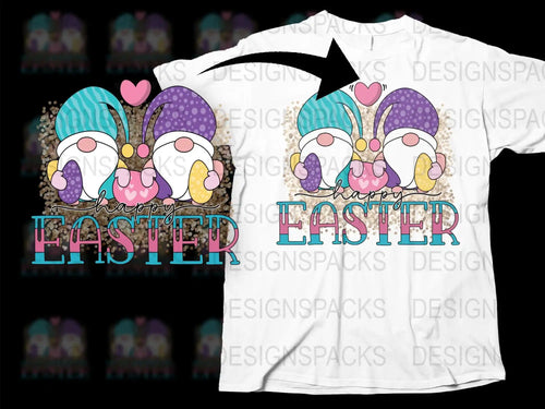 Happy Easter gnome design on white t-shirt with colorful eggs and hearts