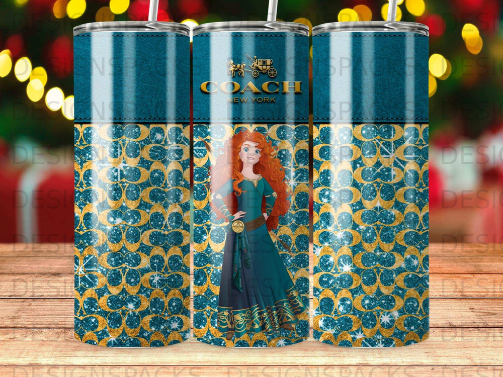 Merida from Brave on a blue tumbler with a Coach New York logo.