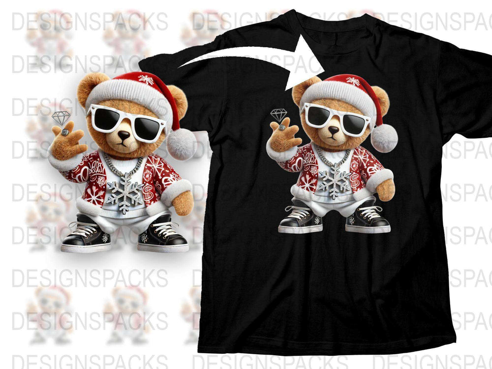 Cool Christmas Teddy Bear T-Shirt, Hip Hop Style, Kids and Adult Sizes, Festive Holiday Apparel