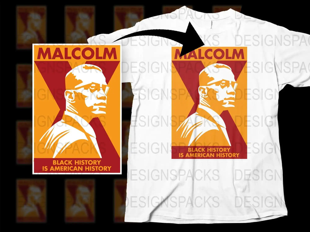 Malcolm X t-shirt design with 'Black History Is American History' text, print-ready graphic