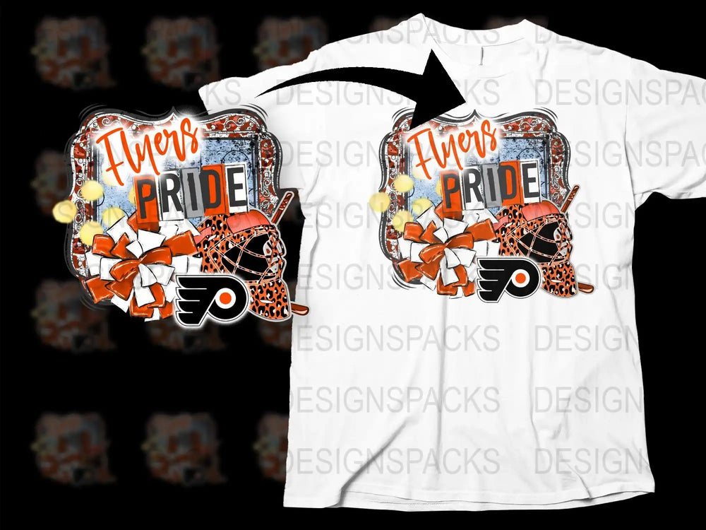 Flyers Pride hockey design with leopard print helmet and bows on white t-shirt