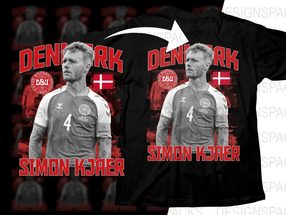Simon Kjaer Denmark soccer jersey design for DTF/DTG printing with DBU logo and flag