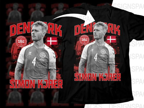 Simon Kjaer Denmark soccer jersey design for DTF/DTG printing with DBU logo and flag