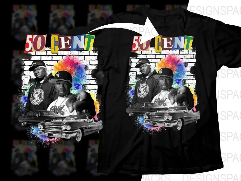 50 Cent graphic t-shirt with classic cars and colorful splashes, print-ready design