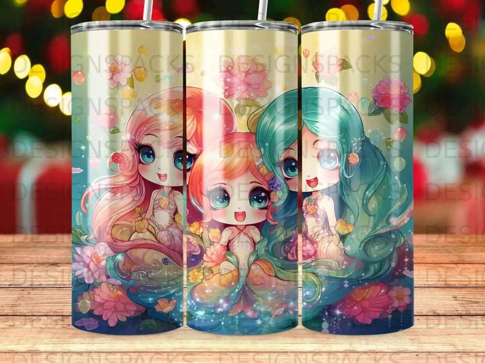 Three anime girls in colorful dresses with floral accents.