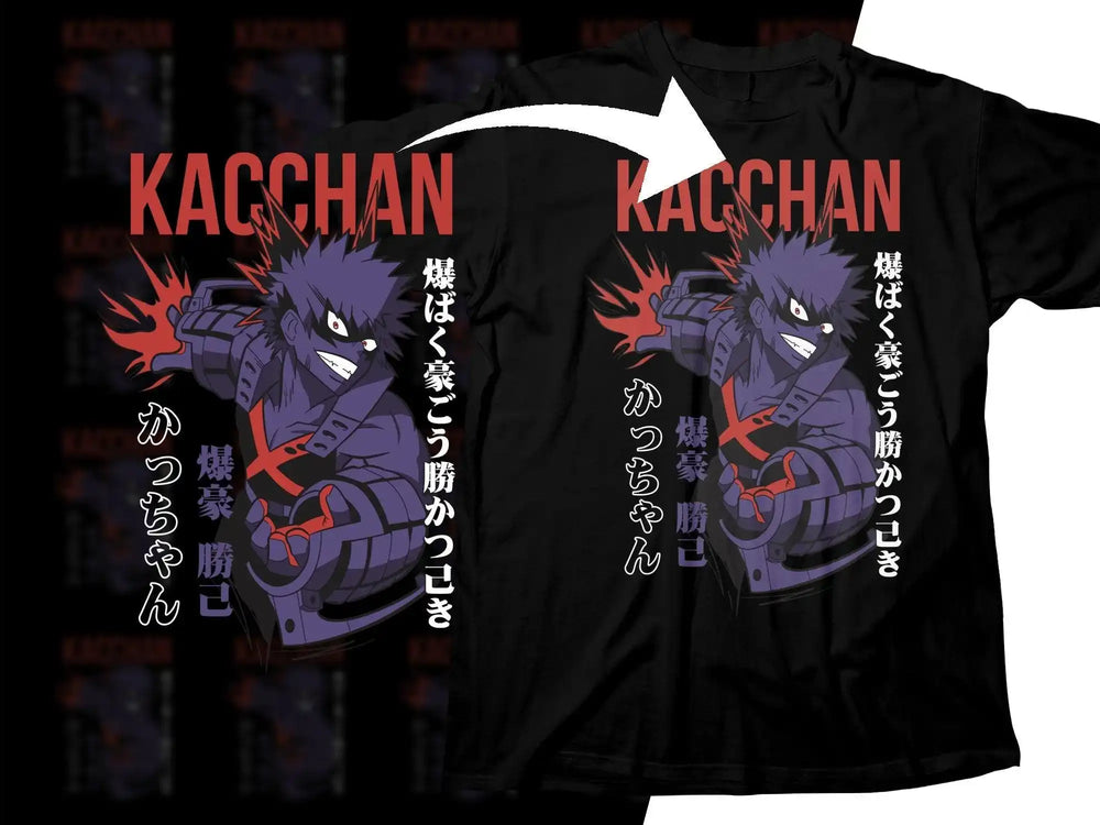 Kacchan anime t-shirt design with bold red text and dynamic character art for print-ready merch.