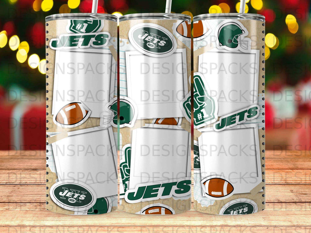 New York Jets tumbler with team logos and football graphics.