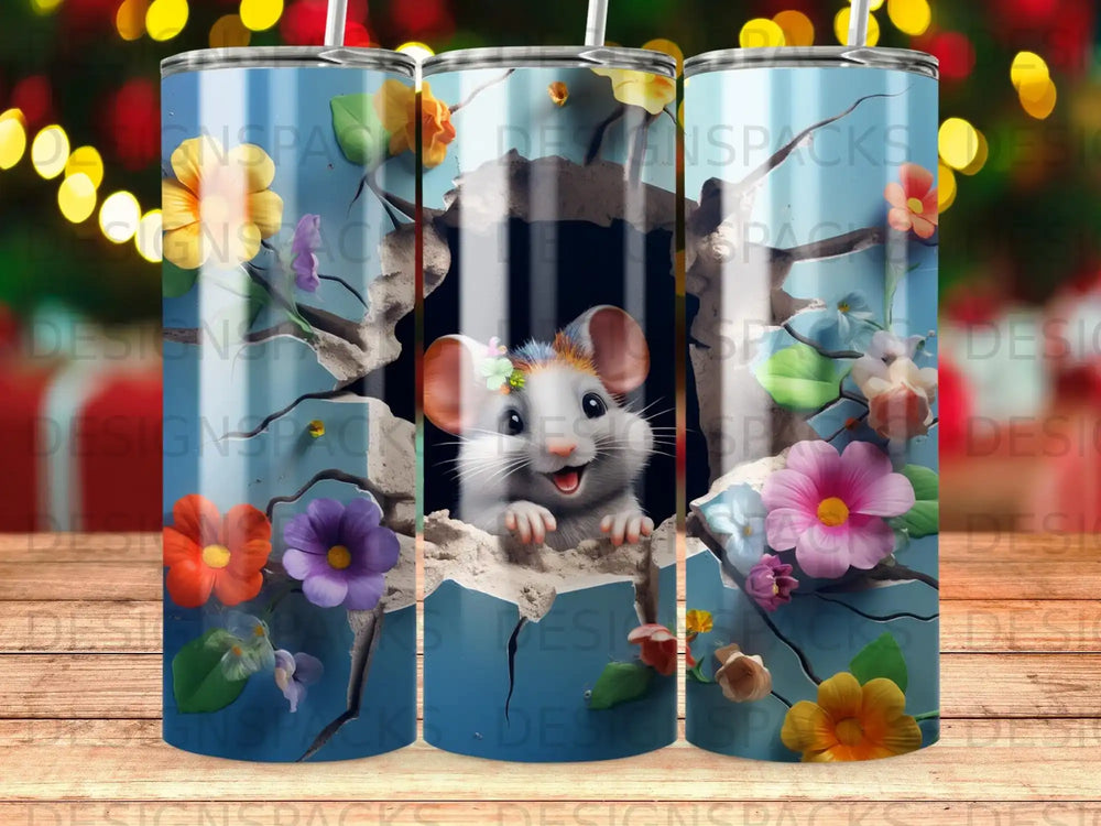 Cute mouse peeking through cracked wall surrounded by colorful flowers.