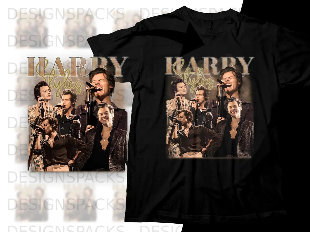 Harry Styles collage graphic on black t-shirt.