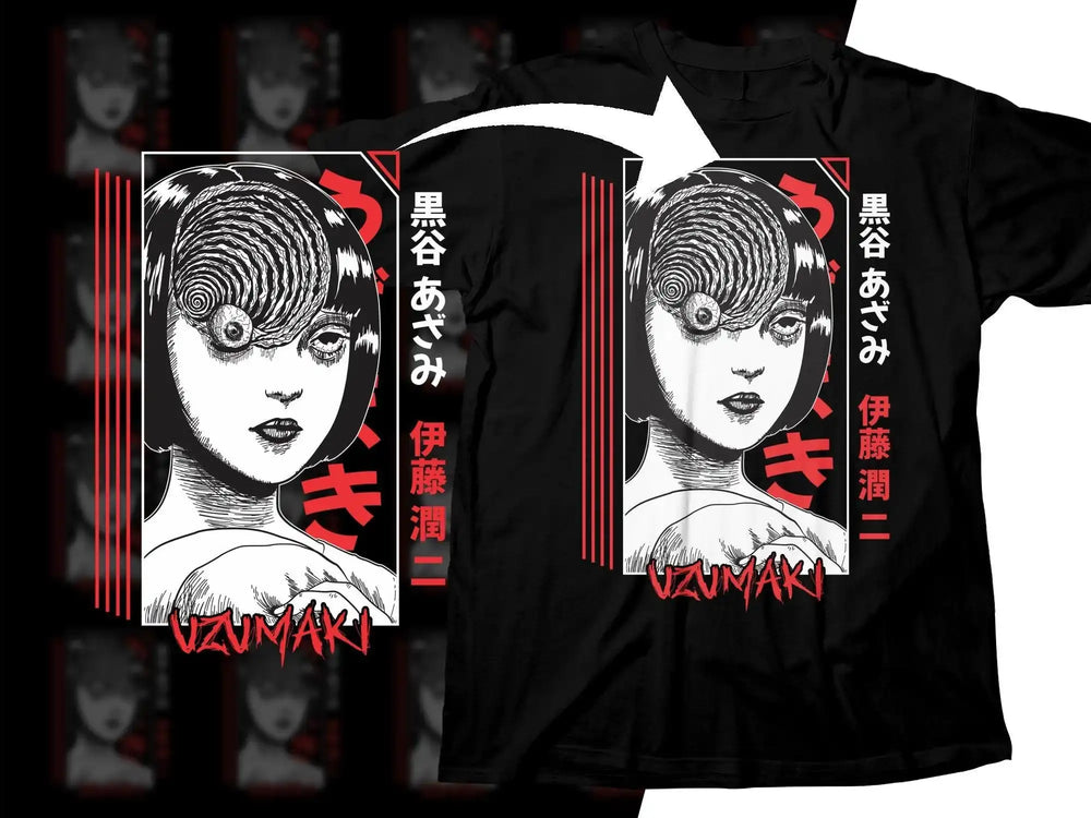 Uzumaki horror manga t-shirt design with spiral eye art, black and red print, ideal for DTG/DTF printing.
