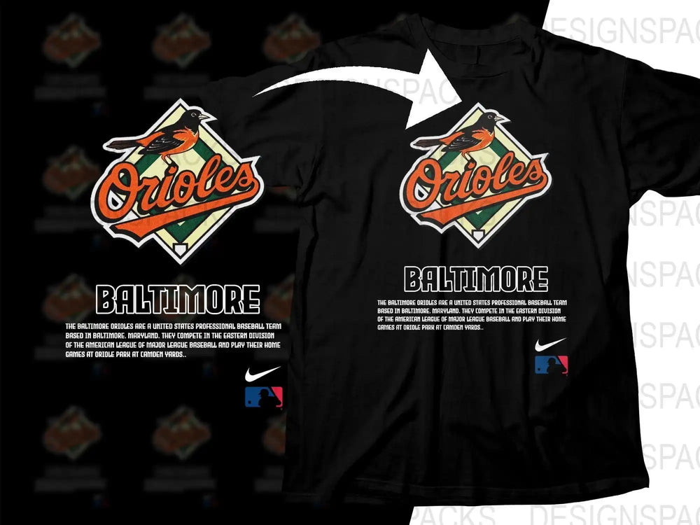 Baltimore Orioles baseball team logo design on black t-shirt, print-ready for DTG or DTF