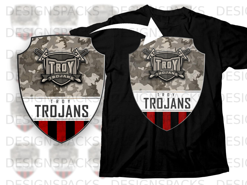Black t-shirt with a shield logo featuring crossed swords and "TROY TROJANS" text.