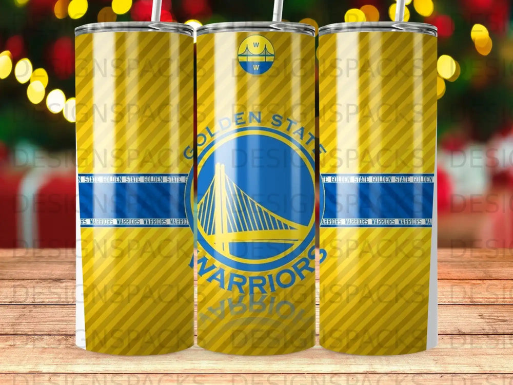 Golden State Warriors logo and repeating text on three tumblers.
