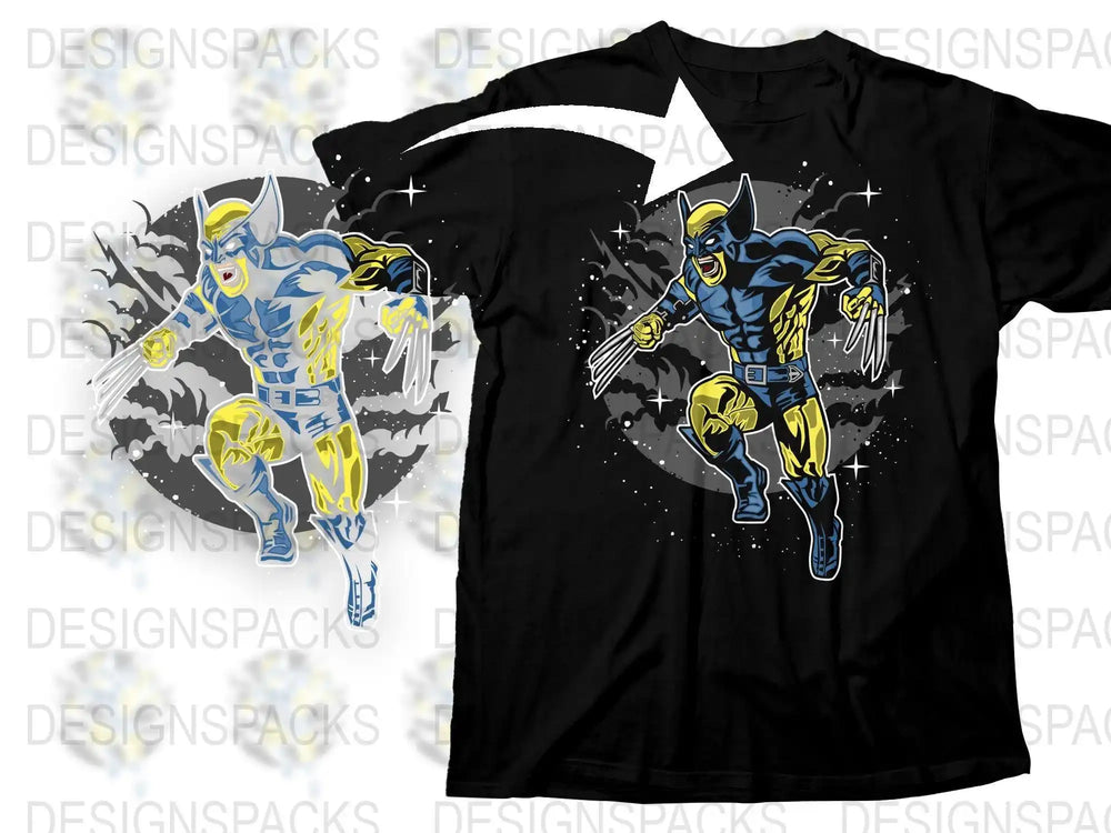 Wolverine action design on black t-shirt, print-ready for DTF/DTG, vibrant blue and yellow