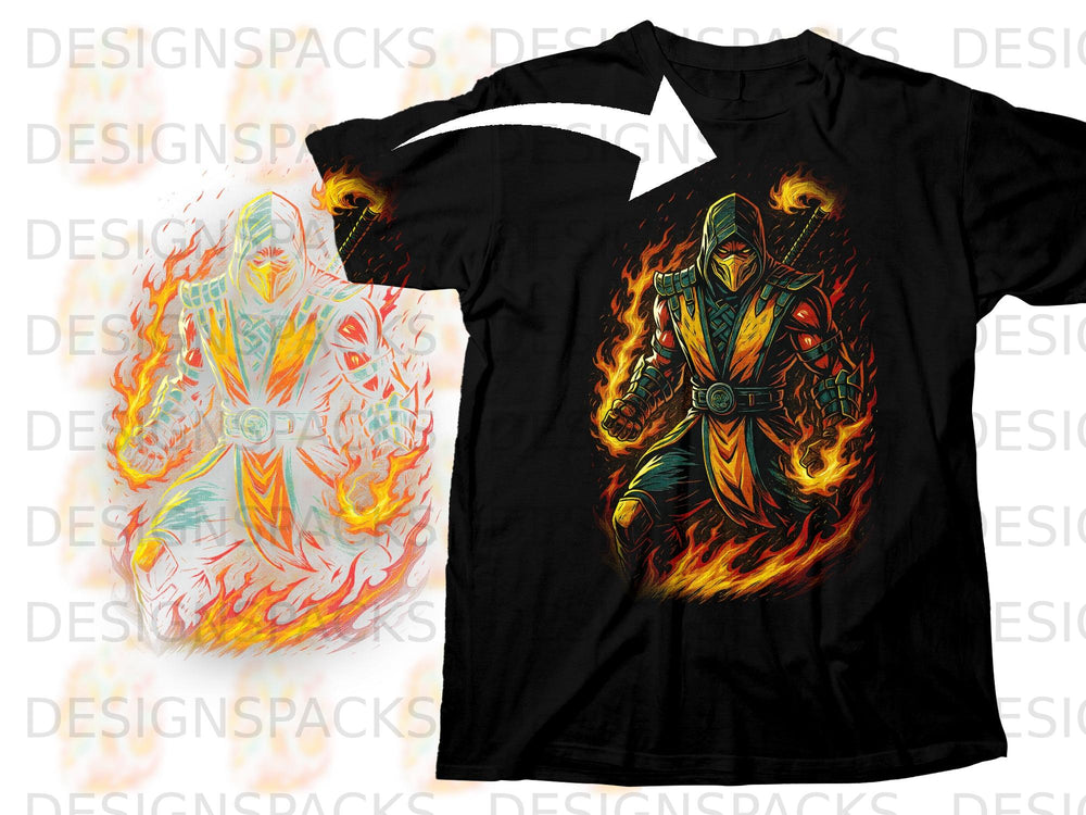 Black t-shirt featuring a fiery character illustration with sword and mask.
